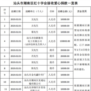 【捐赠公示9】潮南区红十字会接受新型冠状病毒感染的肺炎疫情防控项目捐赠公示