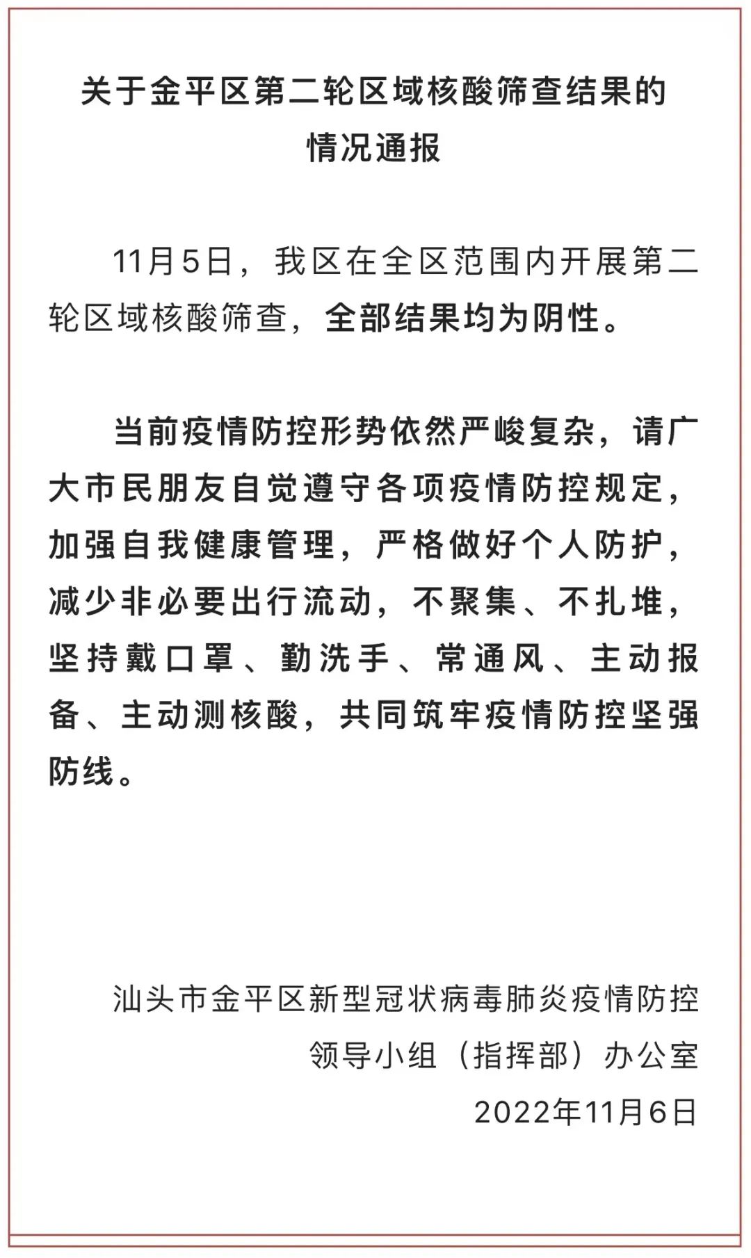 关于金平区第二轮区域核酸筛查结果的情况通报